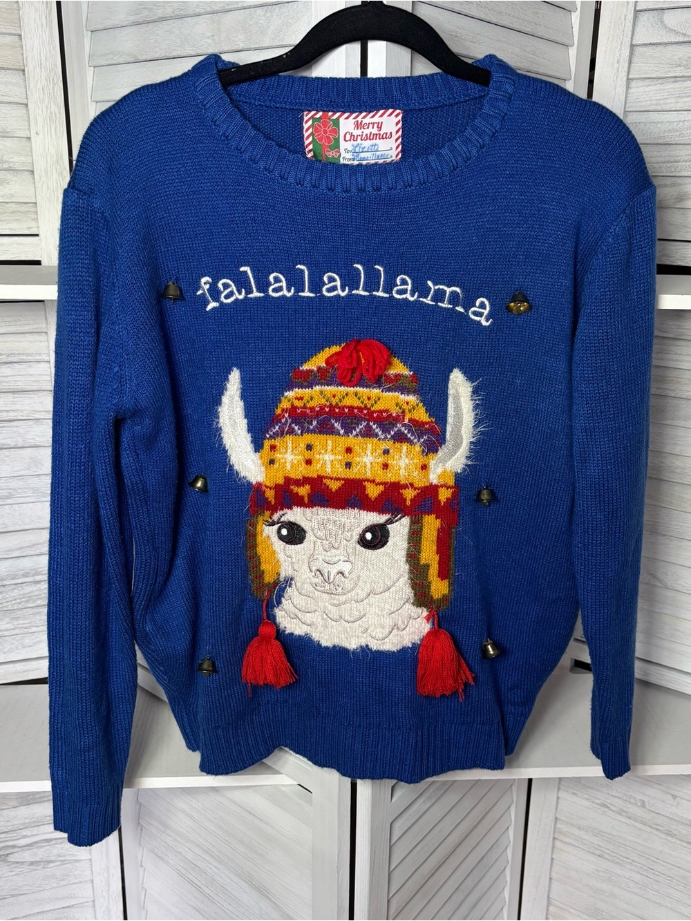 Merry Christmas Llama Alpaca Ugly Christmas Sweater Bells S/M
